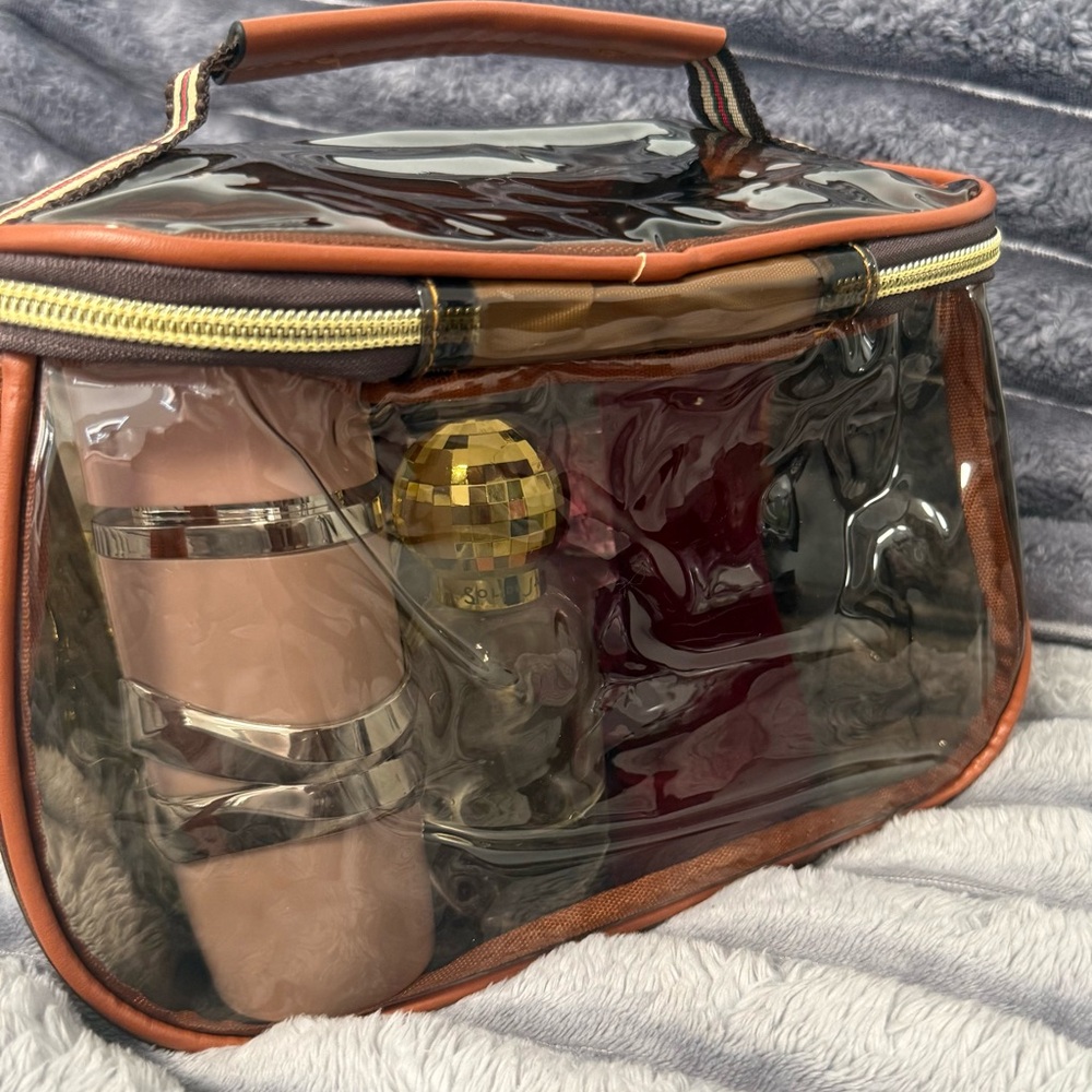 NIB Clear Brown With Red & Green Trim Cosmetic Bag - Picture 4 of 9